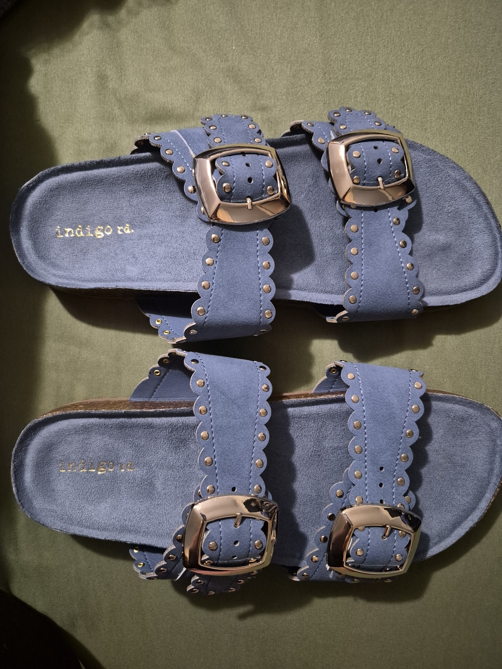 Indigo Blue Scalloped Double-Buckle Slide Sandals - Picture 2 of 3